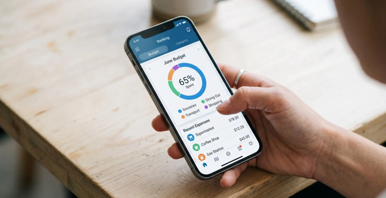 Écran de smartphone affichant une interface d'application bancaire moderne avec outils de gestion budgétaire et catégorisation des dépenses