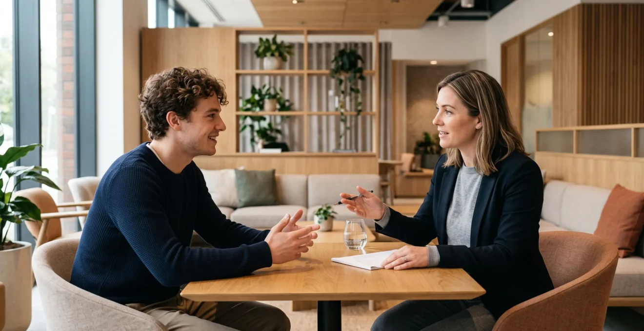 Échange entre un conseiller financier et un jeune client dans un espace de consultation bancaire moderne, illustrant l'accompagnement personnalisé
