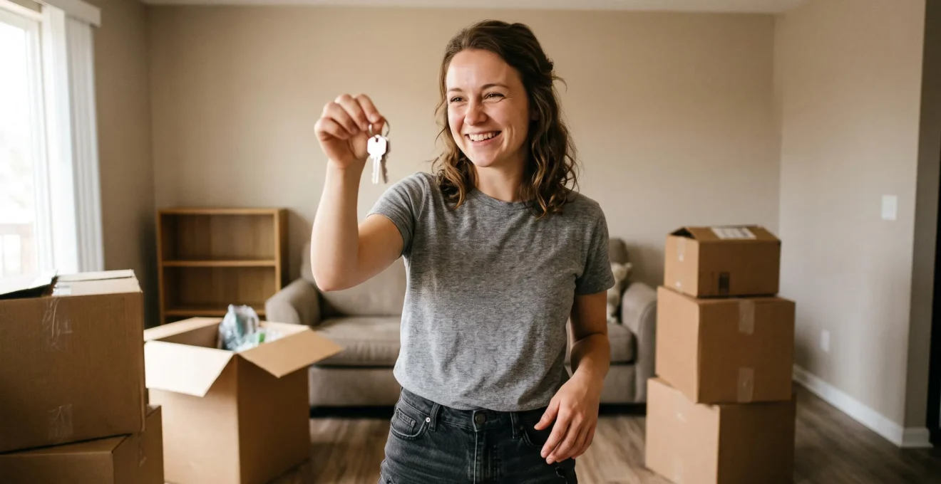 Jeune adulte tenant fièrement les clés de son nouvel appartement avec des cartons de déménagement en arrière-plan, illustrant l'installation dans la vie active