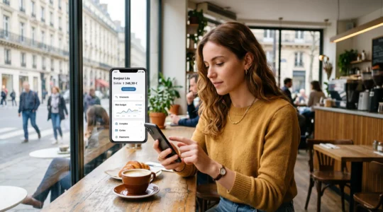 Jeune femme utilisant son smartphone pour consulter son application bancaire mobile dans un environnement urbain moderne.