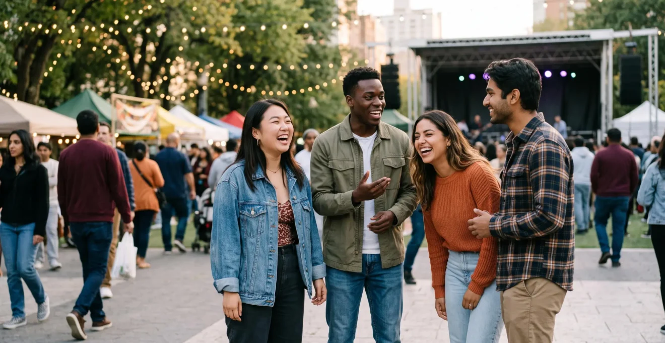 Groupe de jeunes profitant ensemble d'un événement culturel en extérieur dans une ambiance festive et conviviale