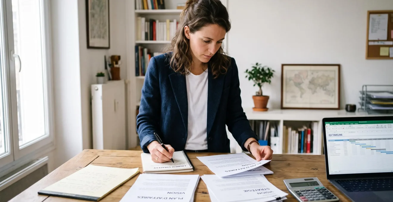 Une entrepreneuse prépare son dossier de création d'entreprise à domicile, organisant des documents, un carnet et un ordinateur portable sur une table en bois.