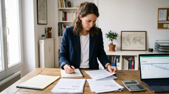 Une entrepreneuse prépare son dossier de création d'entreprise à domicile, organisant des documents, un carnet et un ordinateur portable sur une table en bois.