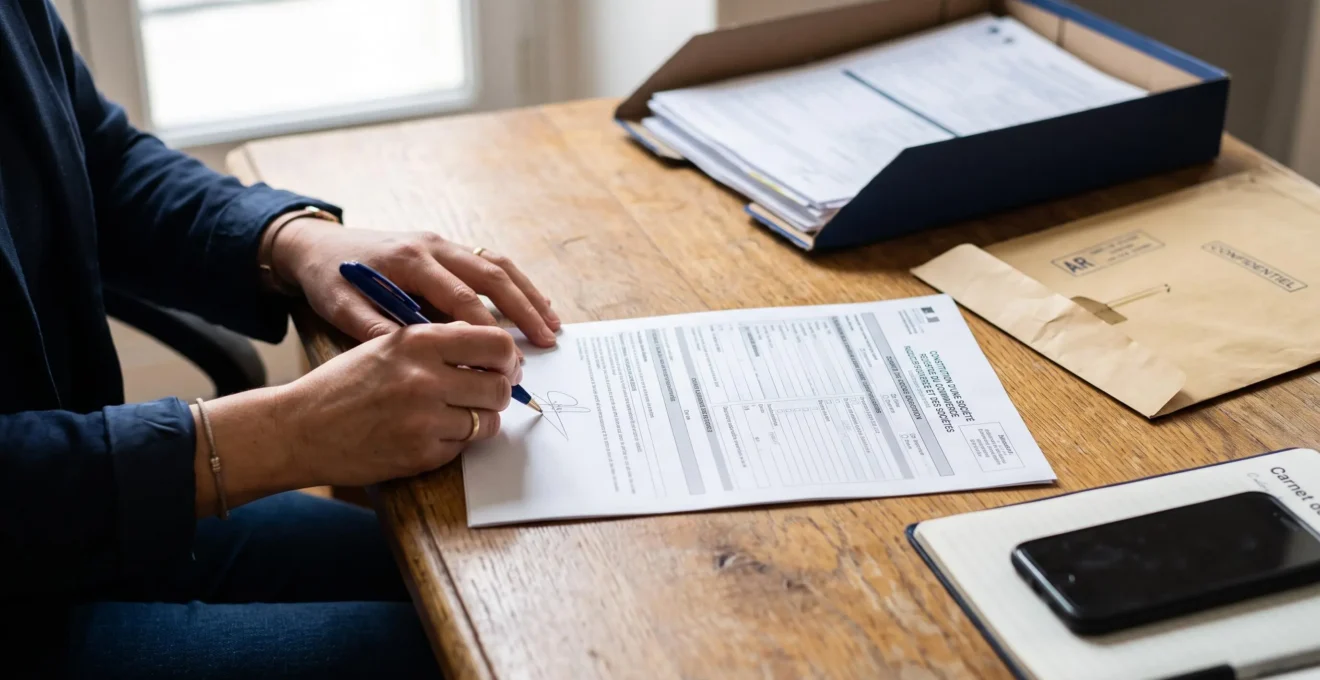 Gros plan sur les mains d'un entrepreneur signant un formulaire officiel d'immatriculation posé sur un bureau en bois.